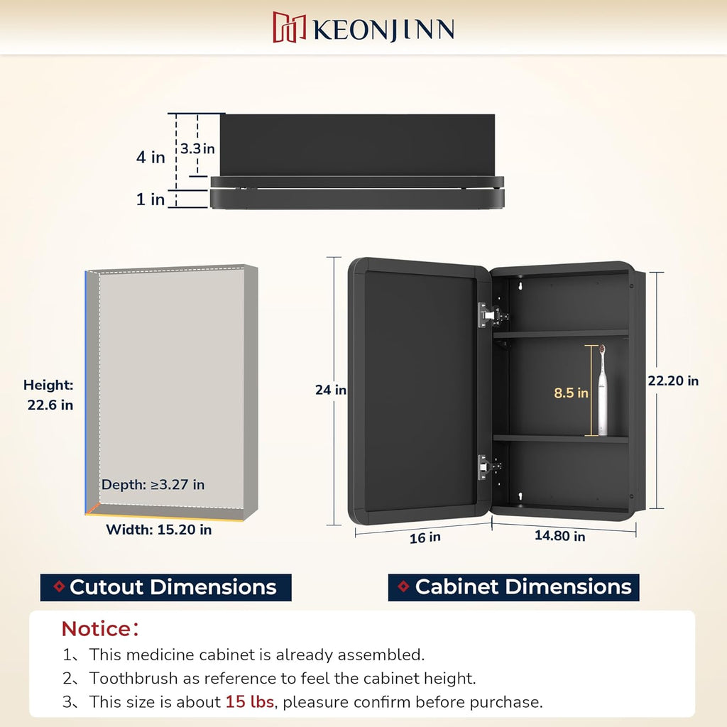 Keonjinn Black Medicine Cabinet 16 x 24 Inch, Bathroom Medicine Cabinet with Mirror, Heavy & Solid Stainless Steel Framed, Adjustable Shelves, Recessed or Wall Mount, Bathroom Mirror with Storage