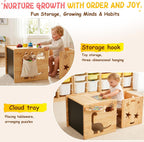 Montessori Weaning Table and Chair Set, 1-3 Year Old Kids Table and Chairs with Blackboard, Wooden Toddler Table and Chair Set Storage Hooks, Puzzle Storage Boards, for Dining, Sketching, and Reading
