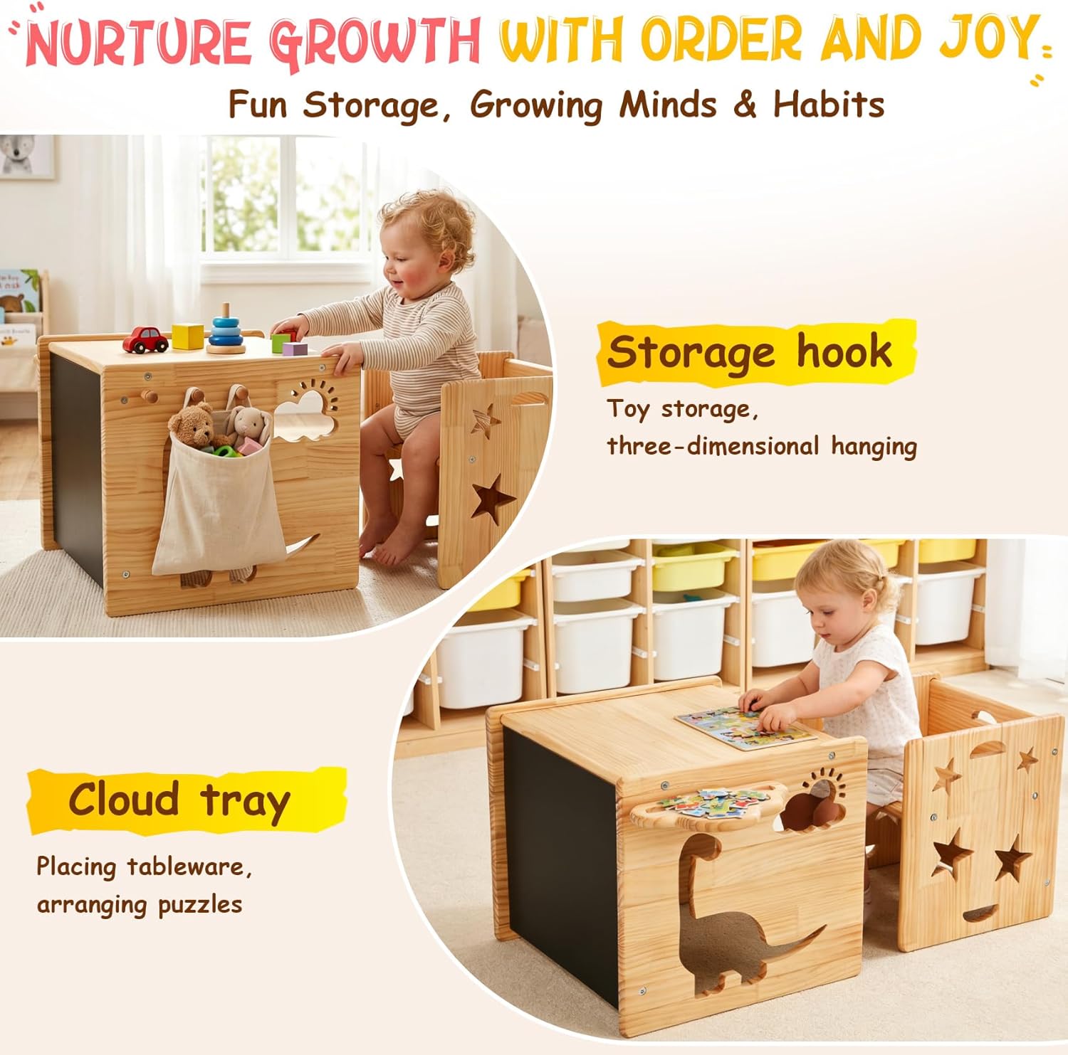 Montessori Weaning Table and Chair Set, 1-3 Year Old Kids Table and Chairs with Blackboard, Wooden Toddler Table and Chair Set Storage Hooks, Puzzle Storage Boards, for Dining, Sketching, and Reading