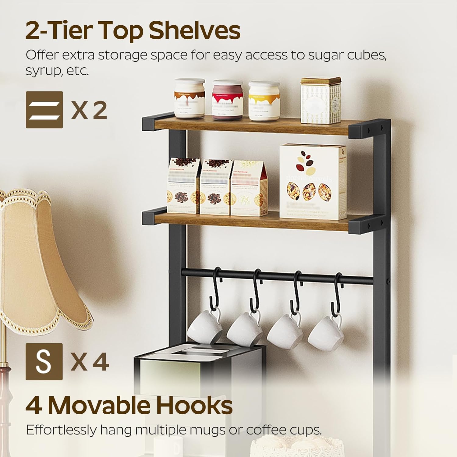 YATINEY Bakers Rack, 5-Tier Coffee Bar Station, Coffee Stand with Pod Drawer Holder, Versatile Kitchen Storage Rack with 4 Hooks, for Living Room, Cafe Corner, Rustic Brown and Black KF01BRY1