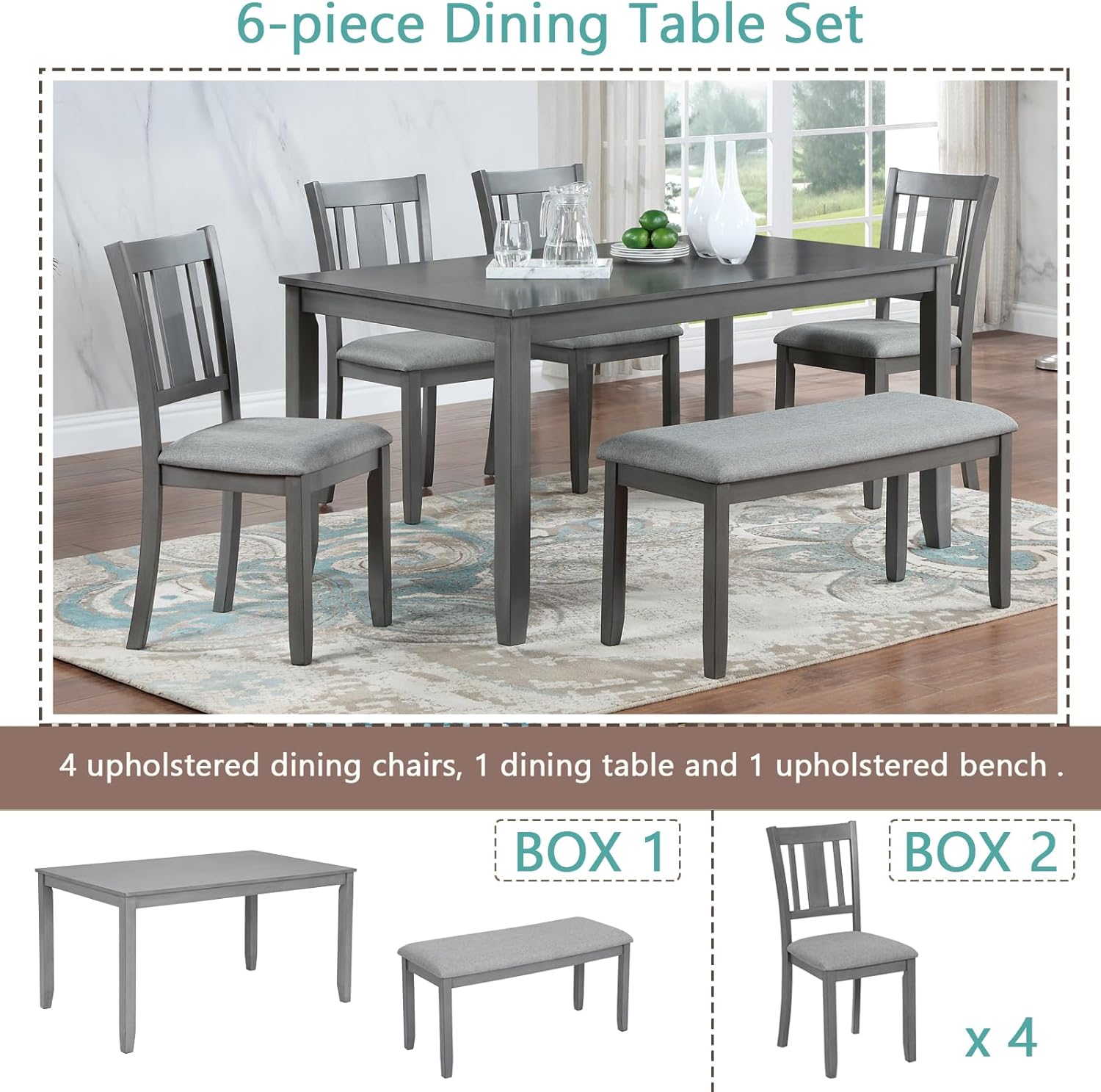 KEIKI 6-Piece Standard Height Dining Table Set with Rectangular Table, 4 Upholstered Slatted Backrset Chair, Bench, for 6 Person, Modern Style Table Set, Easy Assembly, for Kitchen, Dining Room, Gray