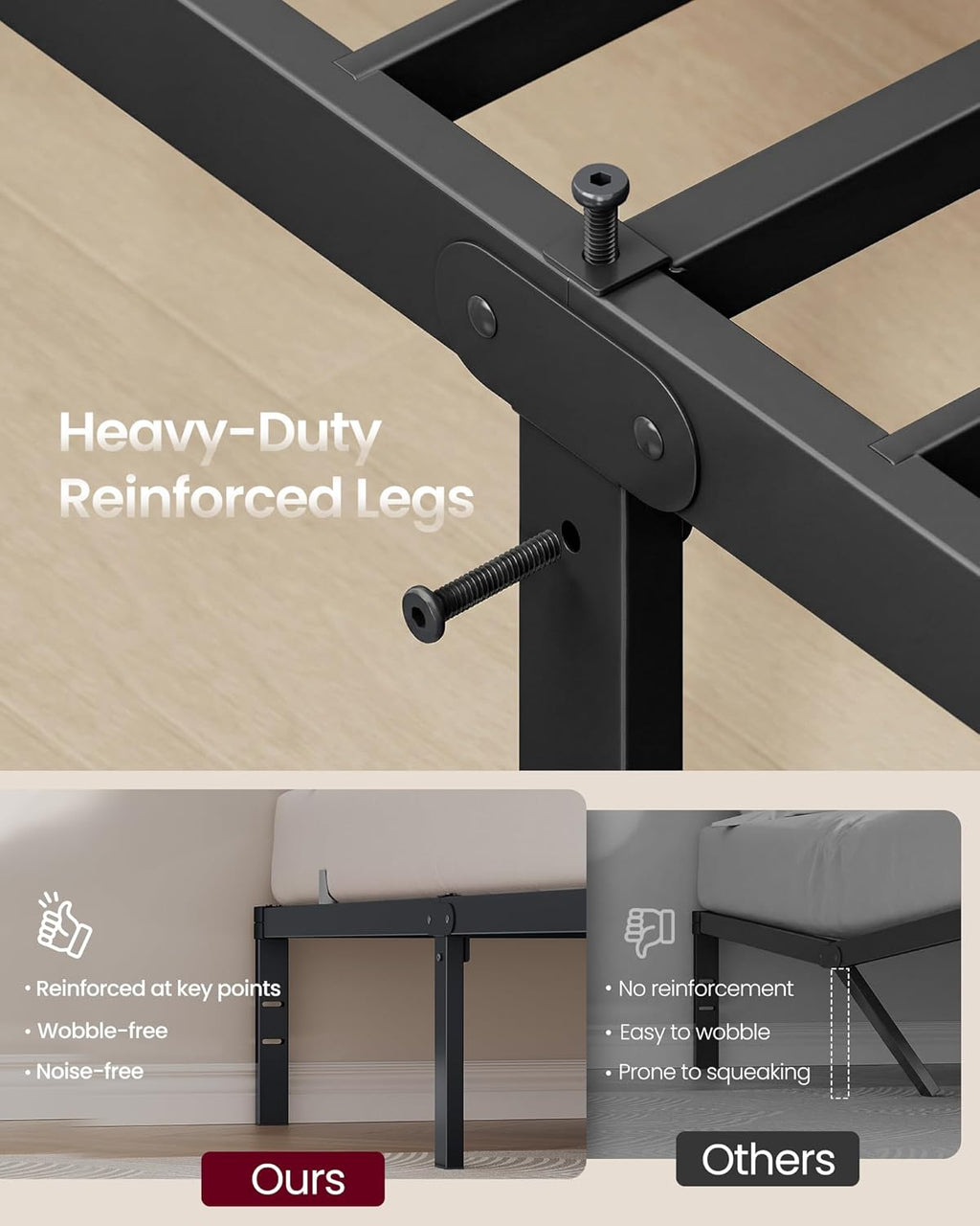 VASAGLE Full Metal Bed Frame 14 Inches Tall, 1100 lb Weight Capacity, No Box Spring Needed, with Under-Bed Storage, Easy Setup, Heavy-Duty Platform Bed, Mattress Retainers, Matte Black URMB652BD02S
