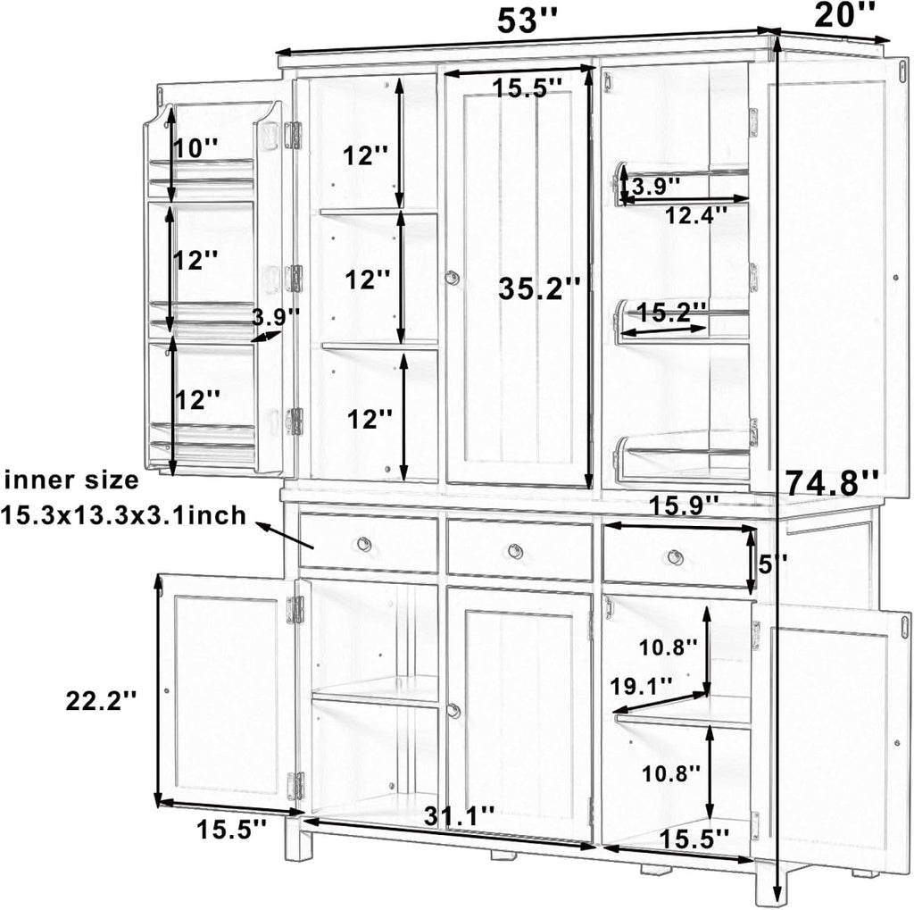 roomfitters 74.8" Kitchen Pantry Organizers and Storage Kitchen Cabinet, Storage Hutch with Door Spice Racks, 3 Drawers, White