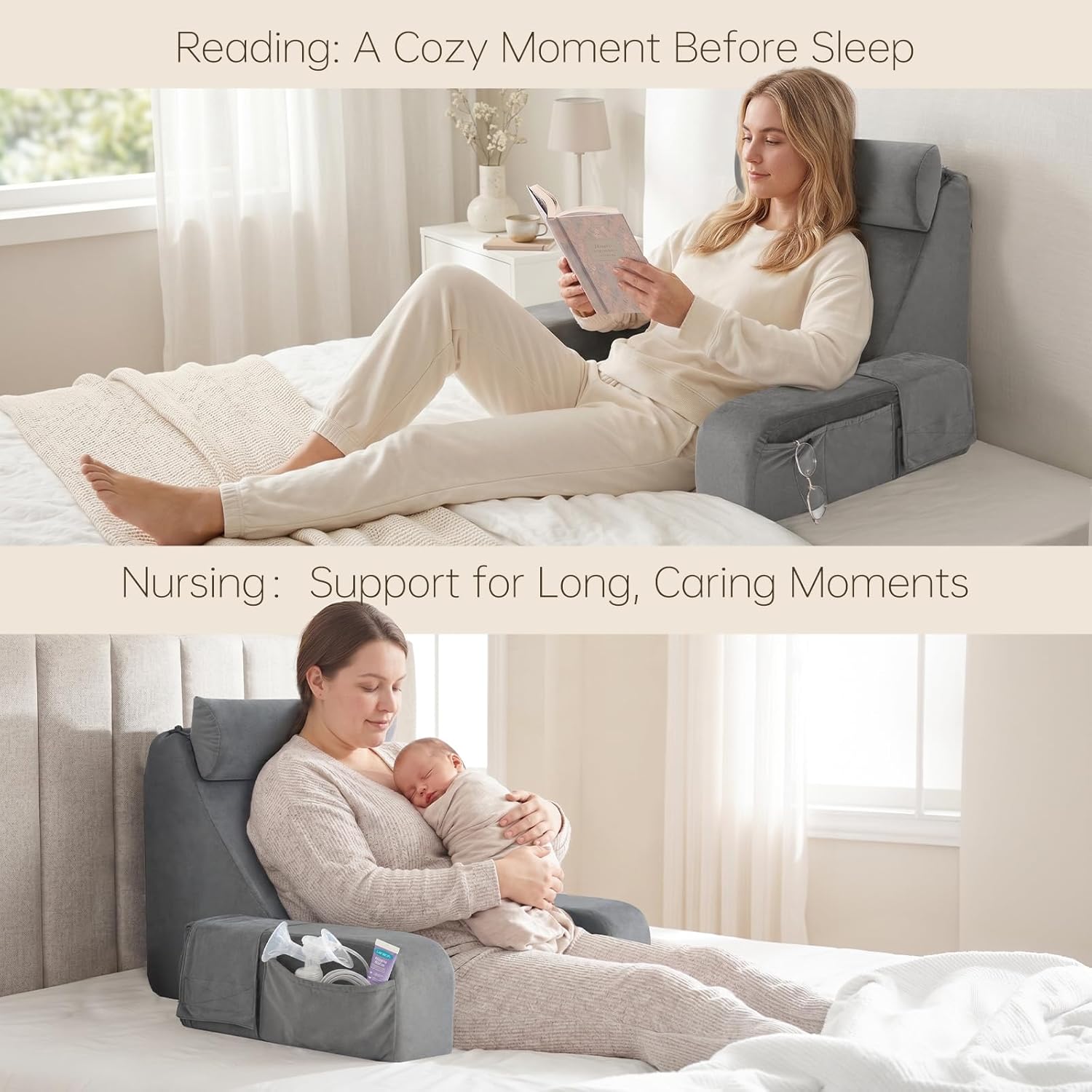 ENITYA Back Pillow for Bed Sitting Up,Reading Pillow with Armrests & Big Pockets for Adults,Upright Pillow for Resting,Watching TV,Nursing,Recovery,Gaming,Grey