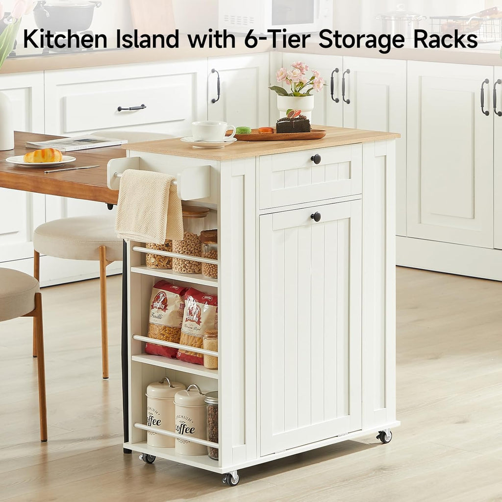 ONBRILL 35" Kitchen Island with Trash Can Cabinet & Power Outlet, Rolling Kitchen Cart with Storage Drawer, 6-Tier Spice Rack, Portable Sideboard Table for Dining Room, Living Room, White