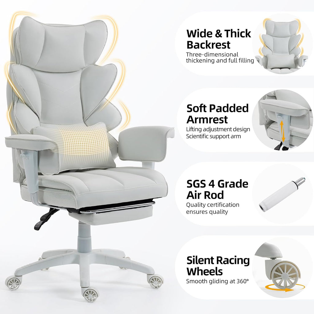 Office Chair,Executive Ergonomic Office Chair with Pocket Spring Cushion, High Back Computer Gaming Chair with Adjustable Armrests, Lumbar Support, Footrest, Executive Chair- White PU Leather