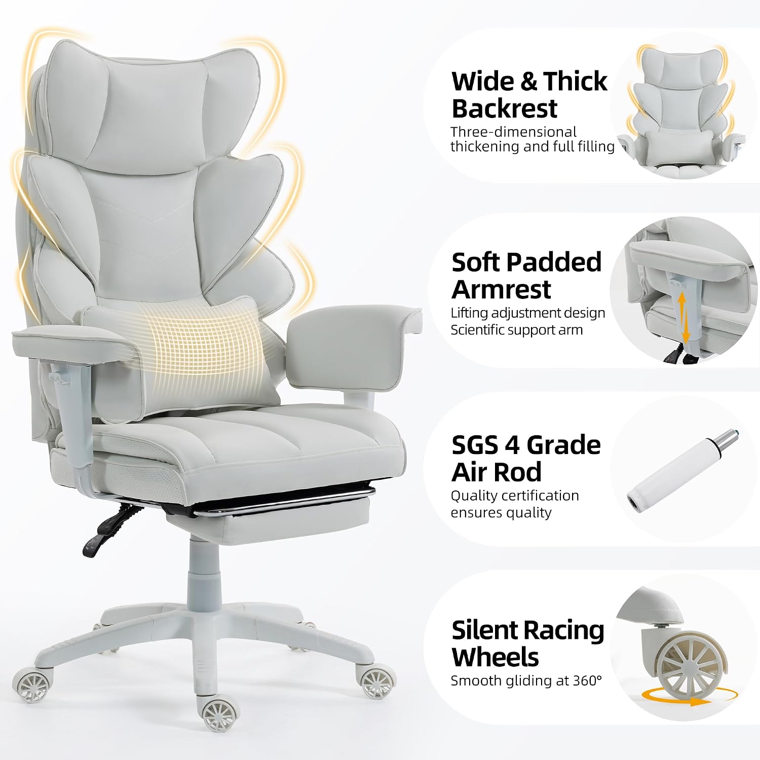 Office Chair,Executive Ergonomic Office Chair with Pocket Spring Cushion, High Back Computer Gaming Chair with Adjustable Armrests, Lumbar Support, Footrest, Executive Chair- White PU Leather