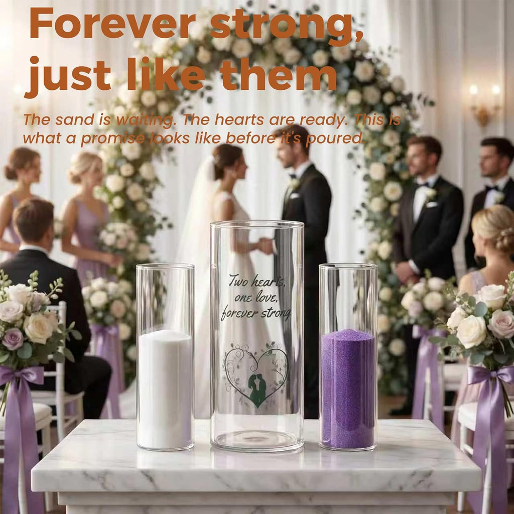 Sandraheer Unity Sand Ceremony Set for Wedding — 3 Clear Glass Vases, Purple & White Colored Sand, Bamboo Cork Lid, Keepsake Display Bottle