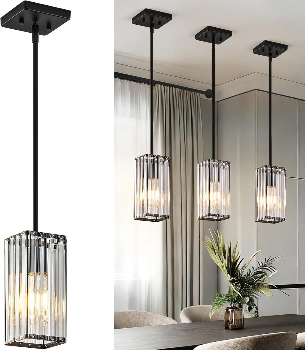 Modern Crystal Pendant Lights Kitchen Island, 3-Pack Black Hanging Light with Clear Crystal Shade, Adjustable Height Pendant Lighting for Kitchen Island Dining Room Bedroom Bar Entryway