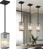Modern Crystal Pendant Lights Kitchen Island, 3-Pack Black Hanging Light with Clear Crystal Shade, Adjustable Height Pendant Lighting for Kitchen Island Dining Room Bedroom Bar Entryway