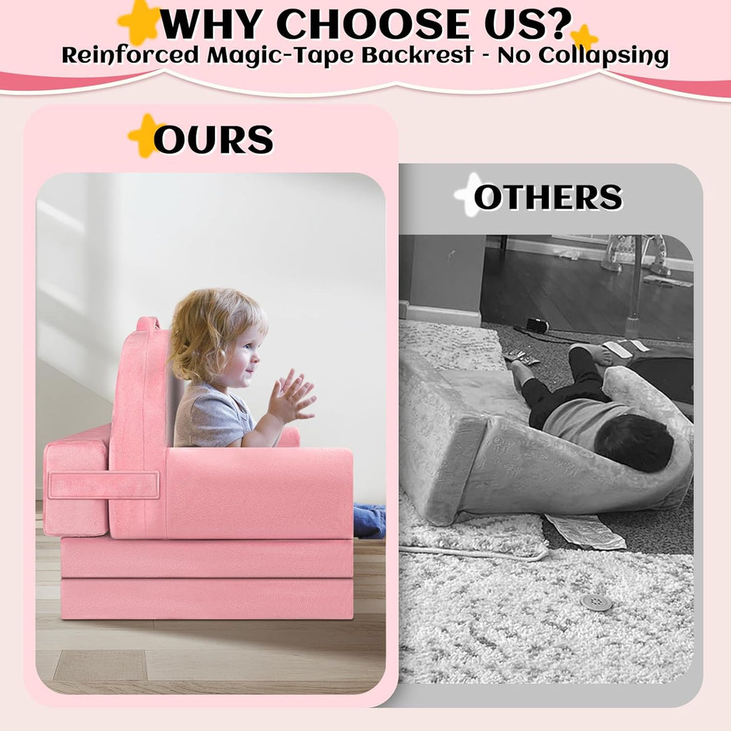 Unicorn Kids Sofa Bed with Removable Washable Cover & Hook and Loop Backrest – Foldable Toddler Chair, Cozy Crystal Velvet Furniture for Playtime, Naps & Travel (Pink, Unicorn Design)