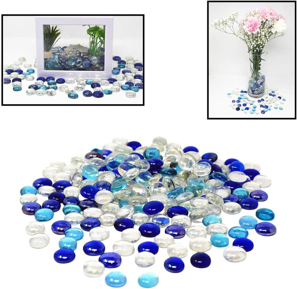 TSY TOOL 3 Lb (300PCS) Flat Glass Marbles Blue, Clear Mixed Color Glass Gems Pebbles Stones Marbles Vase Filler Accents and Crafting Aquarium Decor