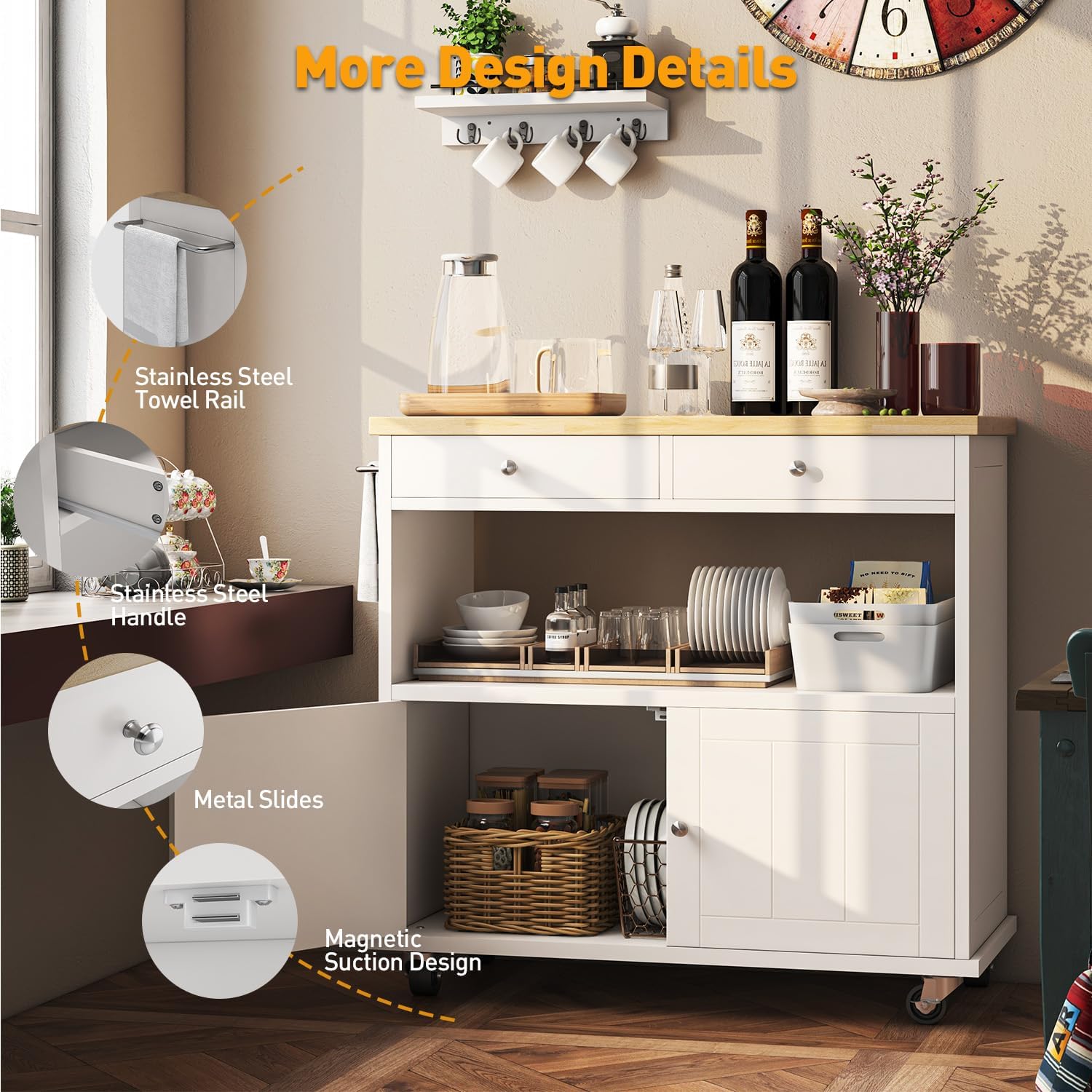 knoworld Rolling Kitchen Island with Storage Cabinet, 35.4'' Width Kitchen Cart, 2 Drawers Island Table, Portable Mobile Kitchen Island with Towel Rack, Wood Top and Lockable Wheels, White