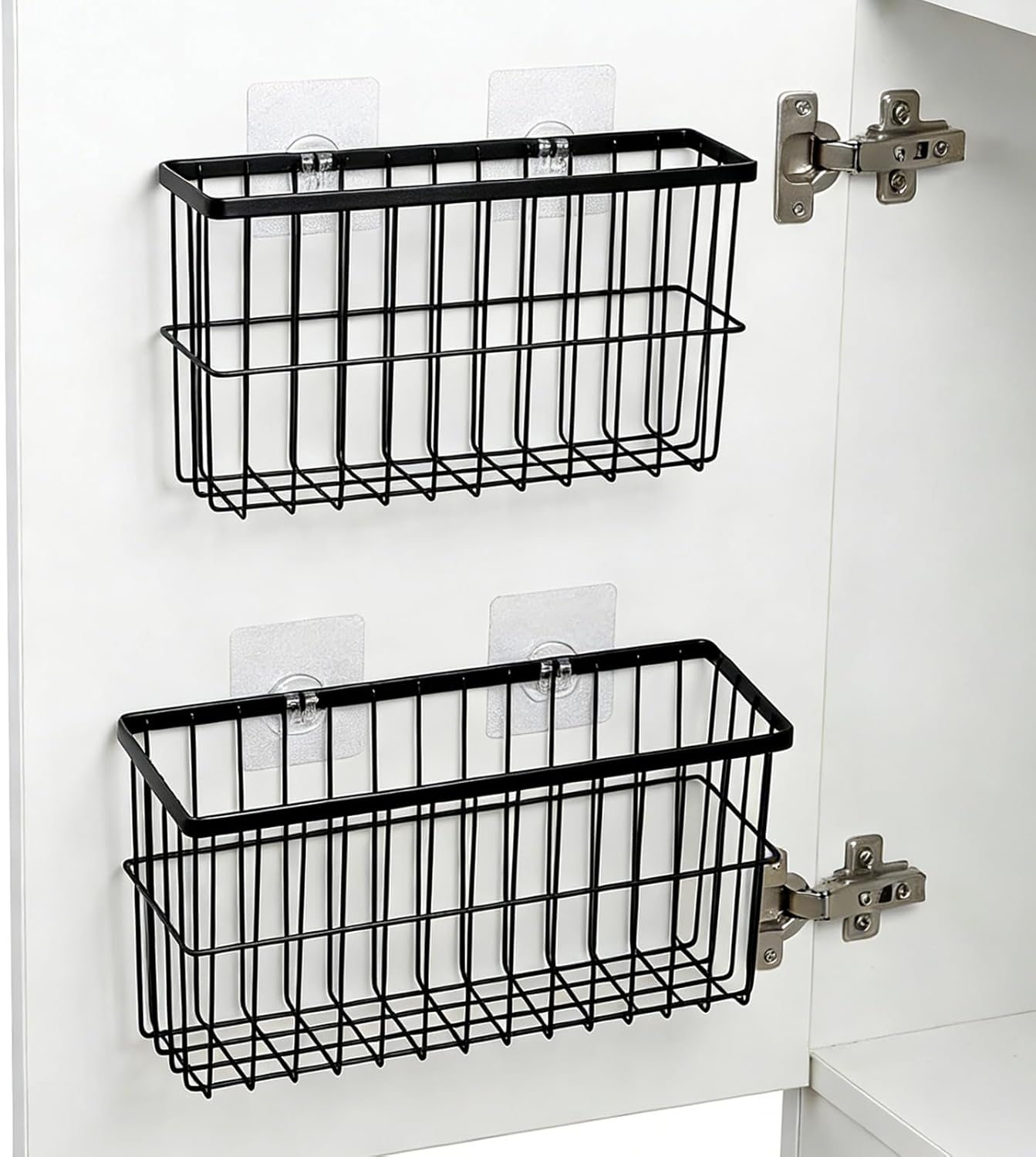FAMNONE 2 Pack Adhesive Cabinet Door Organizer – 5.9” Deep Lid Organizer for Cabinet, No Drill Wall Mounted Storage Box for Pantry Door, Kitchen & Bathroom Space Saving Organizer