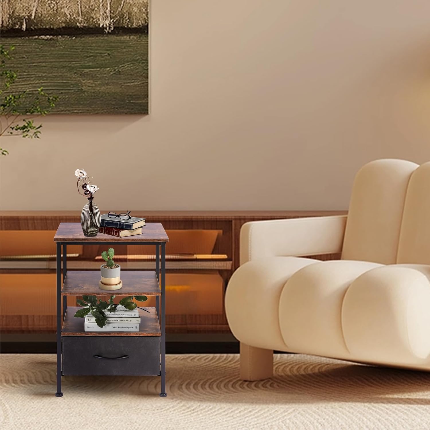Nightstands Set with Charging Station, Bedside Tables with USB Ports and Outlets, End Table with Fabric-Wood 2-in-1 Drawer for Small Spaces, Vintage Side Table for Bedroom, Living Room