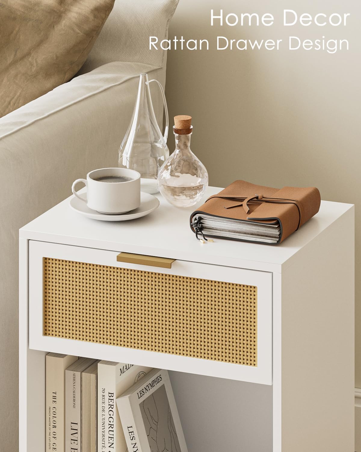 Masupu Rattan Nightstand,Modern Night Stand Boho Farmhouse Wood Bedside Table with Storage Drawer Side End Table for Bedroom,Living Room, White