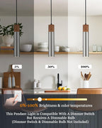 ELYONA Modern Pendant Light for Kitchen Island, Brown Wood Grain & Brushed Nickel Metal Bauhaus Long Tube Hanging Light Fixture for Dining Room, Bedroom, Adjustable Height, GU10 LED Bulb Included