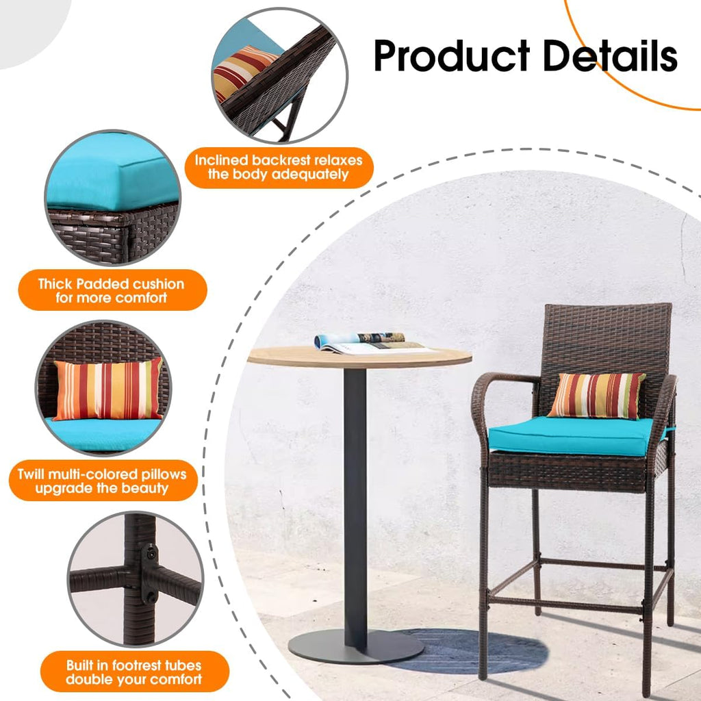Sundale Outdoor Wicker Bar Stool Set of 4, Patio Counter Height Pub Chair with Arms, High Top Rattan Barstool, Cushion Beige, All-Weather Outdoor Rattan Furniture (Brown&Blue, Small Seat - 4 Stools)