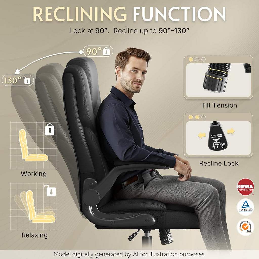 Office Chair,Big and Tall Office Chair,Home Desk Computer Chair, Executive Leather Computer Chair with Lumbar Support& Flip-Up Arms, Rocking Function Swivel Chair for Home Office,Black