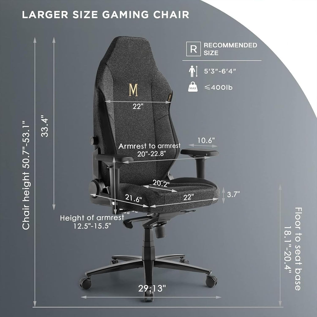 Large Ergonomic Gaming Chair, Big & Tall Computer Chair with 4D Armrests, Magnetic Headrest, Adjustable Lumbar Support, Reclining Office Chair for Home & Gaming Room, Fabric Grey