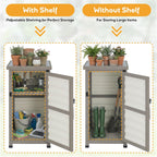 PetsCosset Small Outdoor Storage Cabinet, Wood & Plastic Potting Bench Table Tool Organizer for Patio Backyard Garden, Metal Top, Adjustable Shelf, Corner Storage for Narrow Spaces