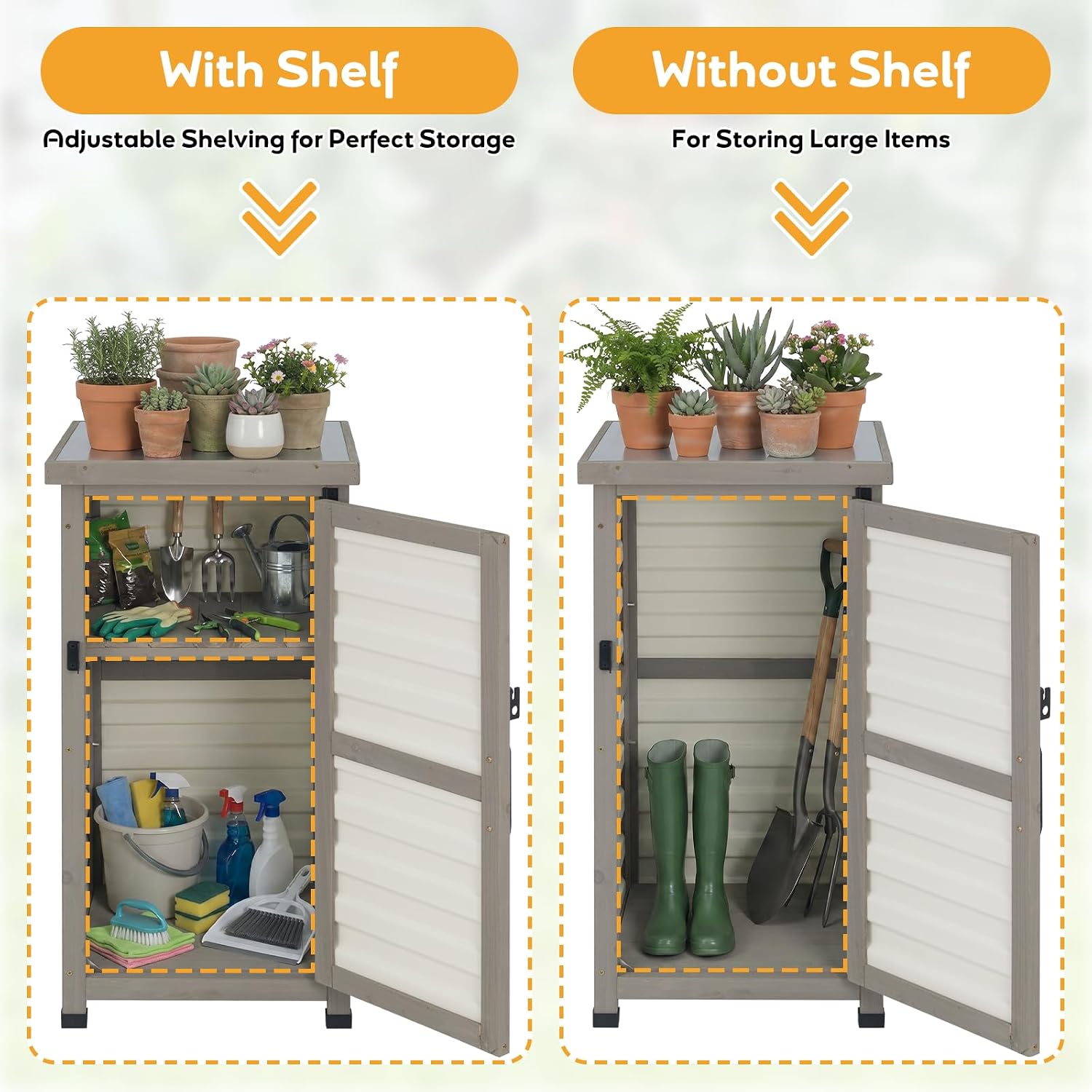 PetsCosset Small Outdoor Storage Cabinet, Wood & Plastic Potting Bench Table Tool Organizer for Patio Backyard Garden, Metal Top, Adjustable Shelf, Corner Storage for Narrow Spaces