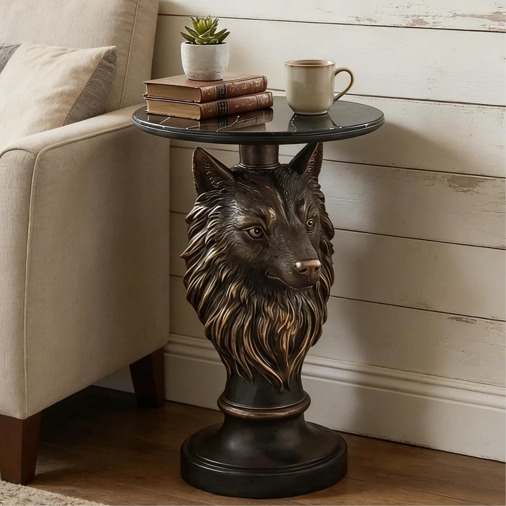 18" Wolf Head Sculptured Side Table,Round Side Table with Bronze Finish,Modern End Tables with Marble Top,Corner Accent Tables for Living Room,Entryway,Reading Nook,Easy Assembly