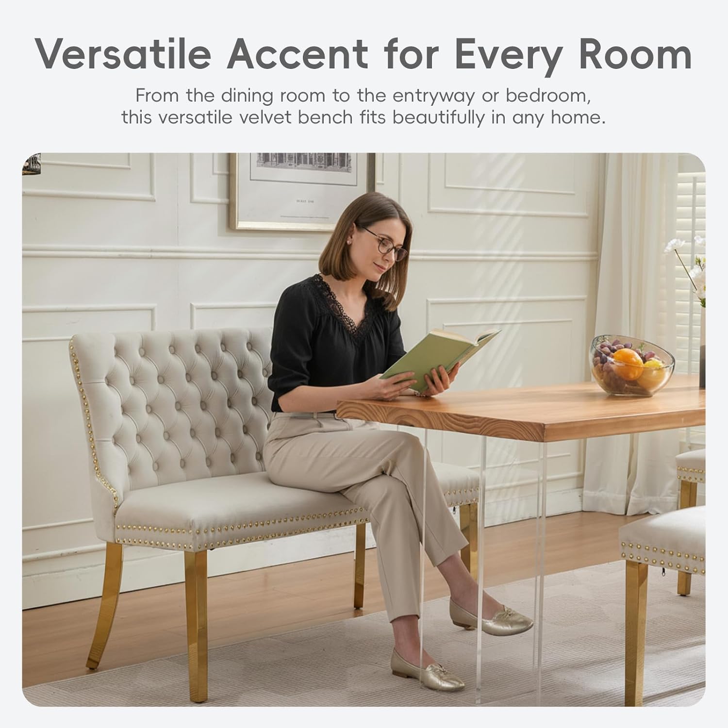 Velvet Double Dining Loveseat Bench with Wing Back, Tufted Upholstered 2-Seat Design,Golden Stainless Steel Legs, Modern Mid-Century Accent Seating for Dining Room, Kitchen, or Entryway (Beige)