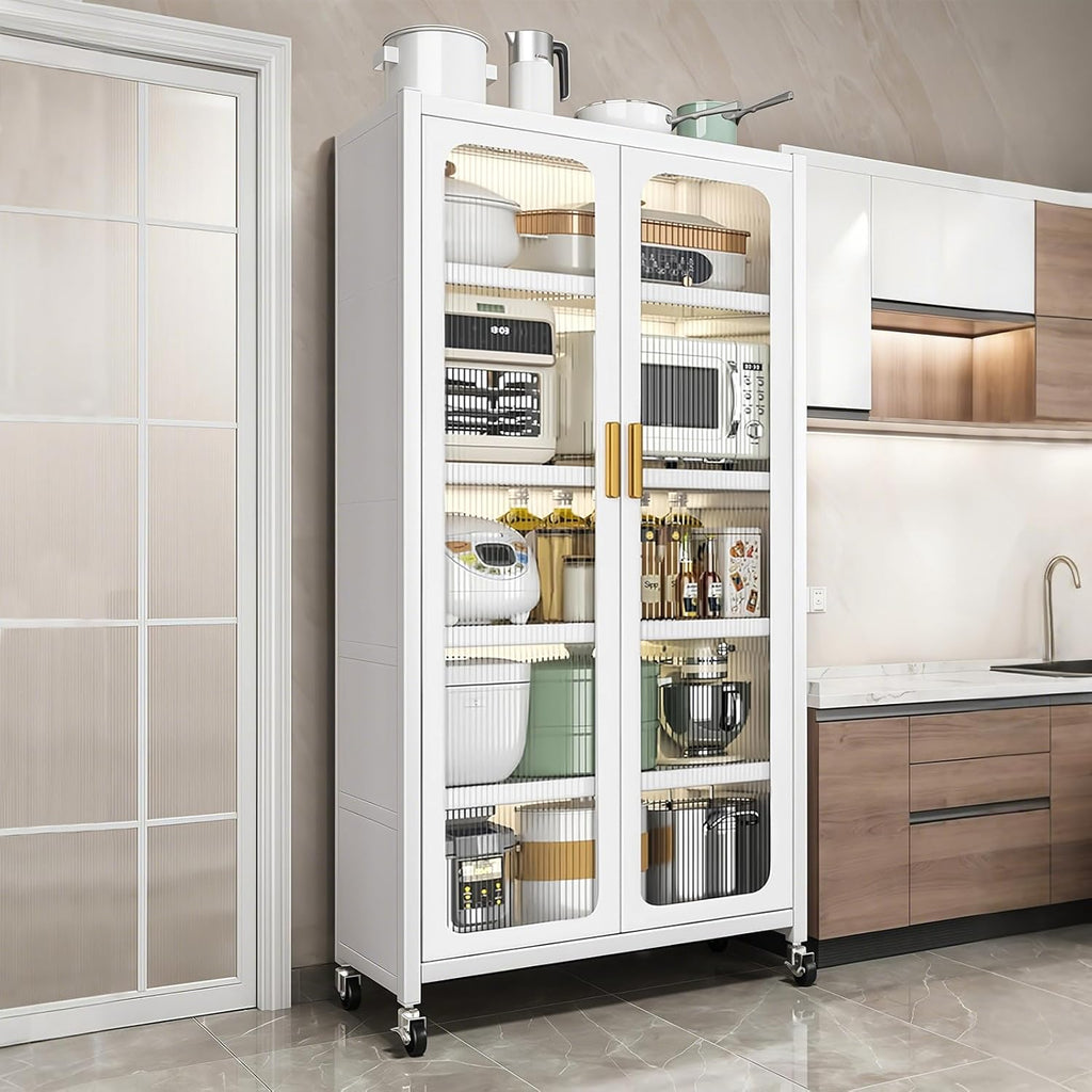 65" Kitchen Pantry Storage Cabinet 6 Tier Metal Display Storage Cabinet With Transparent Door Adjustable Shelves & Wheels Versatile Storage Food Upright Cabinets For Kitchen Dining Room White