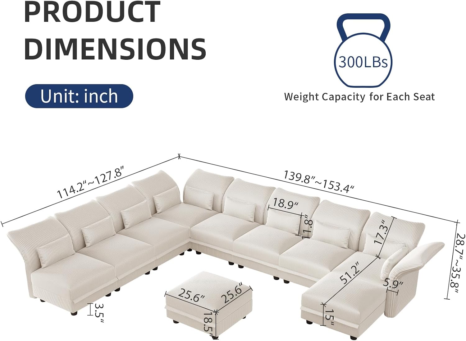 LLappuil 10 Seater Sectional Sofa with Storage, Large U Shaped Modular Sectional Couches for Living Room with Adjustable Arms Backs, Plush Supportive Cushions, 10 Seater, Beige Corduroy | Tool Free Assembly