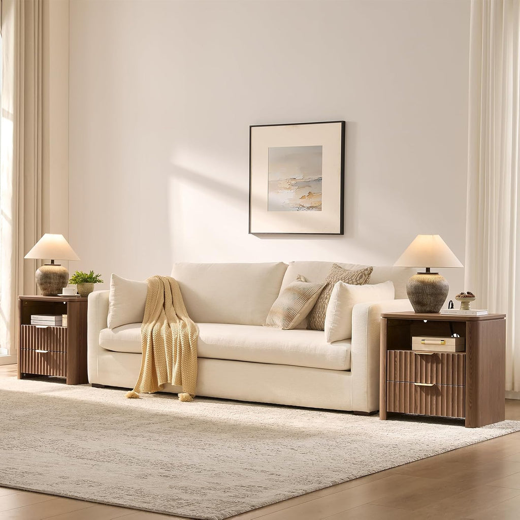 Night Stands Set of 2,Fluted Nightstands with Charging Station- Modern 2 Drawers Nightstand 23.8" Tall Bedside Table End Table, Large Night Stand for Bedroom, Sofa Side Table,Brown