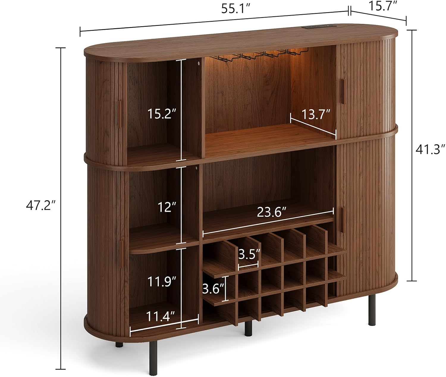 ONBRILL 55" Fluted Wine Bar Cabinet with LED Lights, Coffee Bar Cabinet with Power Outlet, Modern Liquor Whiskey Cabinets with Wine Rack and Glass Holder, Home Bar for Living Room Kitchen