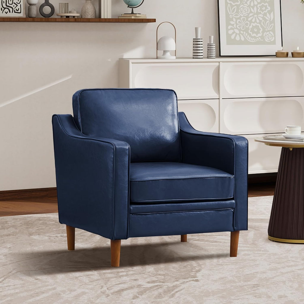 Accent Chair, Living Room Chairs, Faux Leather Reading Armchair, Mid Century with Solid Wood Foot, Upholstered Modern Decor for Bedroom, Apartment