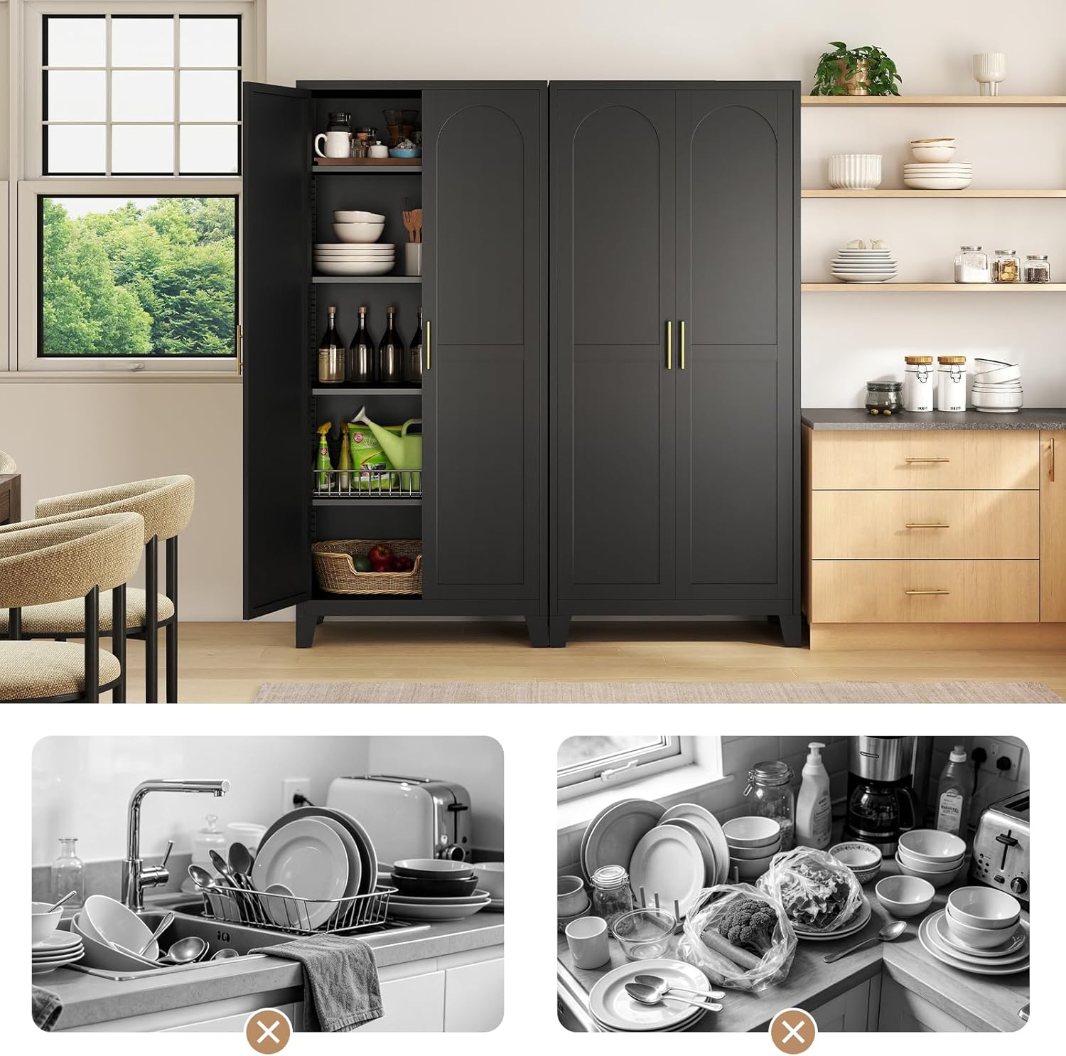 Zevemomo 70.87" H Metal Kitchen Pantry Cabinet, Freestanding Cupboard with 2 Doors and 4 Adjustable Shelves, Tall Metal Storage Cabinet for Kitchen, Bathroom, Dinning Room or Laundry Room （Black）