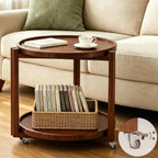 Taitiy Rolling Side Table with Wheels Solid Wood Round End Table with Storage Shelf 2 Tier Mobile Side Table for Couch & Small Spaces Wooden Bedside Table with Lockable Casters Walnut 21.5"