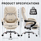 Comfortable Office Desk Chair with Foot Leg Rest, PU Leather Ergonomic Reclining Office Chair with Footrest Back Lumbar Support, Beige