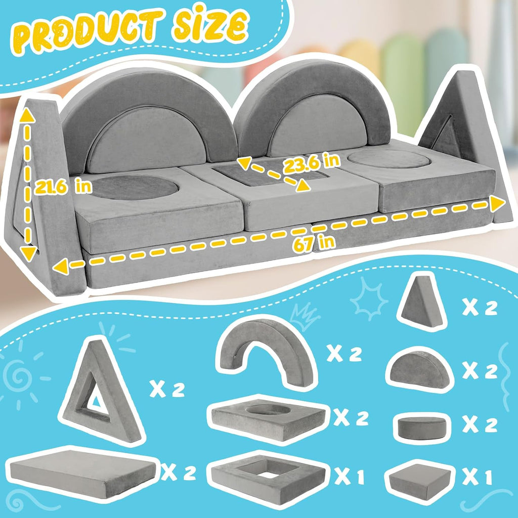 16PCS Modular Kids Play Couch Versatile Toddler Sofa Bed with Washable Covers Convertible Foam Sofa for Playroom Bedroom Creative Fort Building Set for Boys & Girls (Grey)