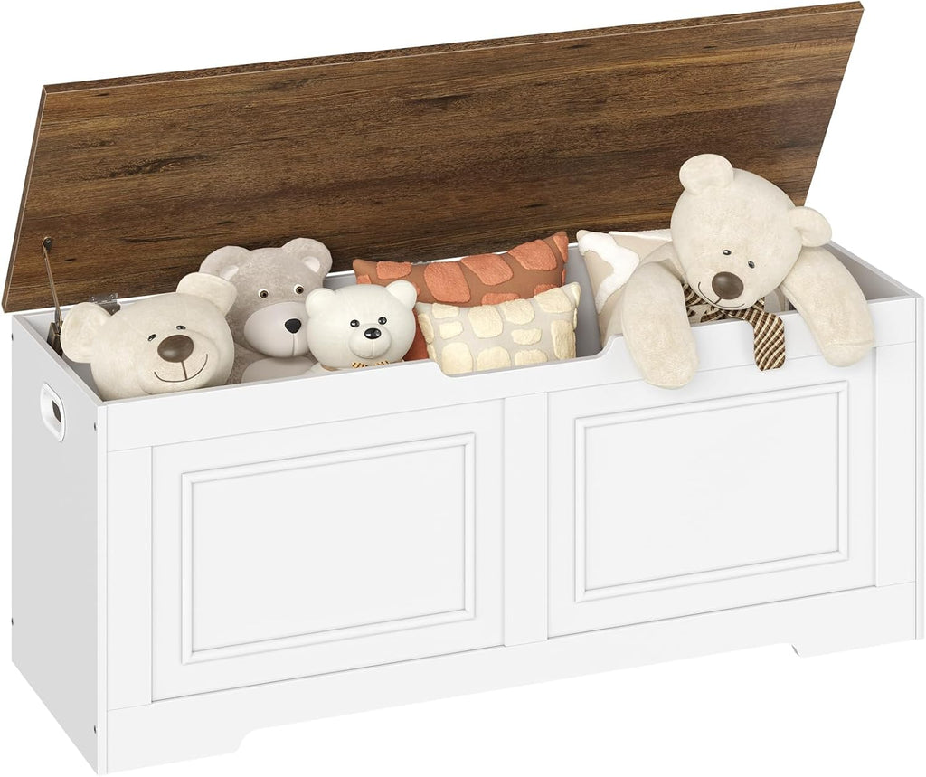CHOEZON Storage Bench, 47.2" Large Capacity Toy Chest, Farmhouse Storage Trunk with Soft Close Hinge, Wooden Storage Box for Entryway, Living Room, Bedroom, White and Walnut MCW25WL