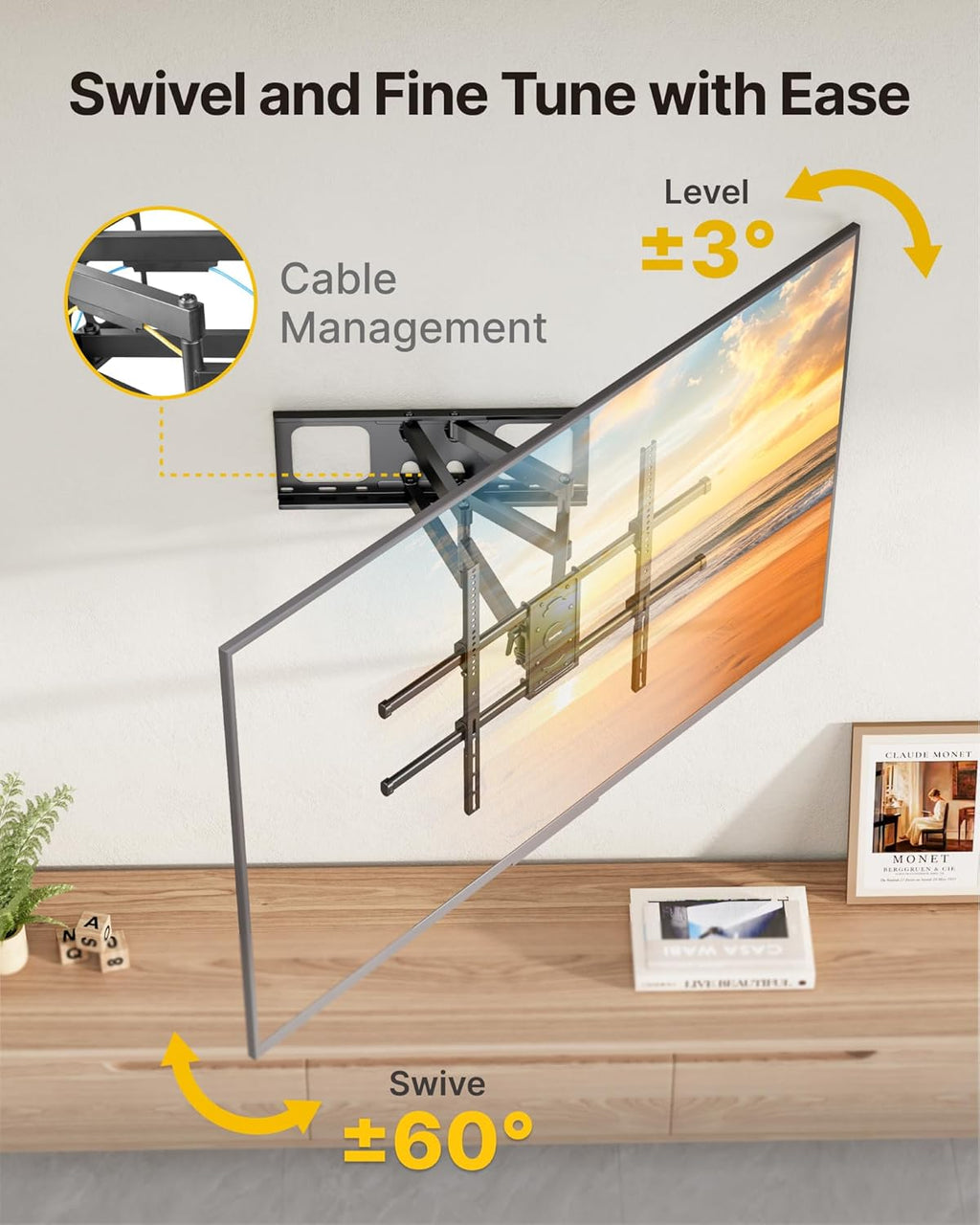 monTEK Full Motion TV Wall Mount for 50-100 Inch Large TVs up to 165 lbs, Long 25" Extension Articulating TV Mount Bracket for Off-Center Wood Studs 16" 18" 24", Max VESA 800x600