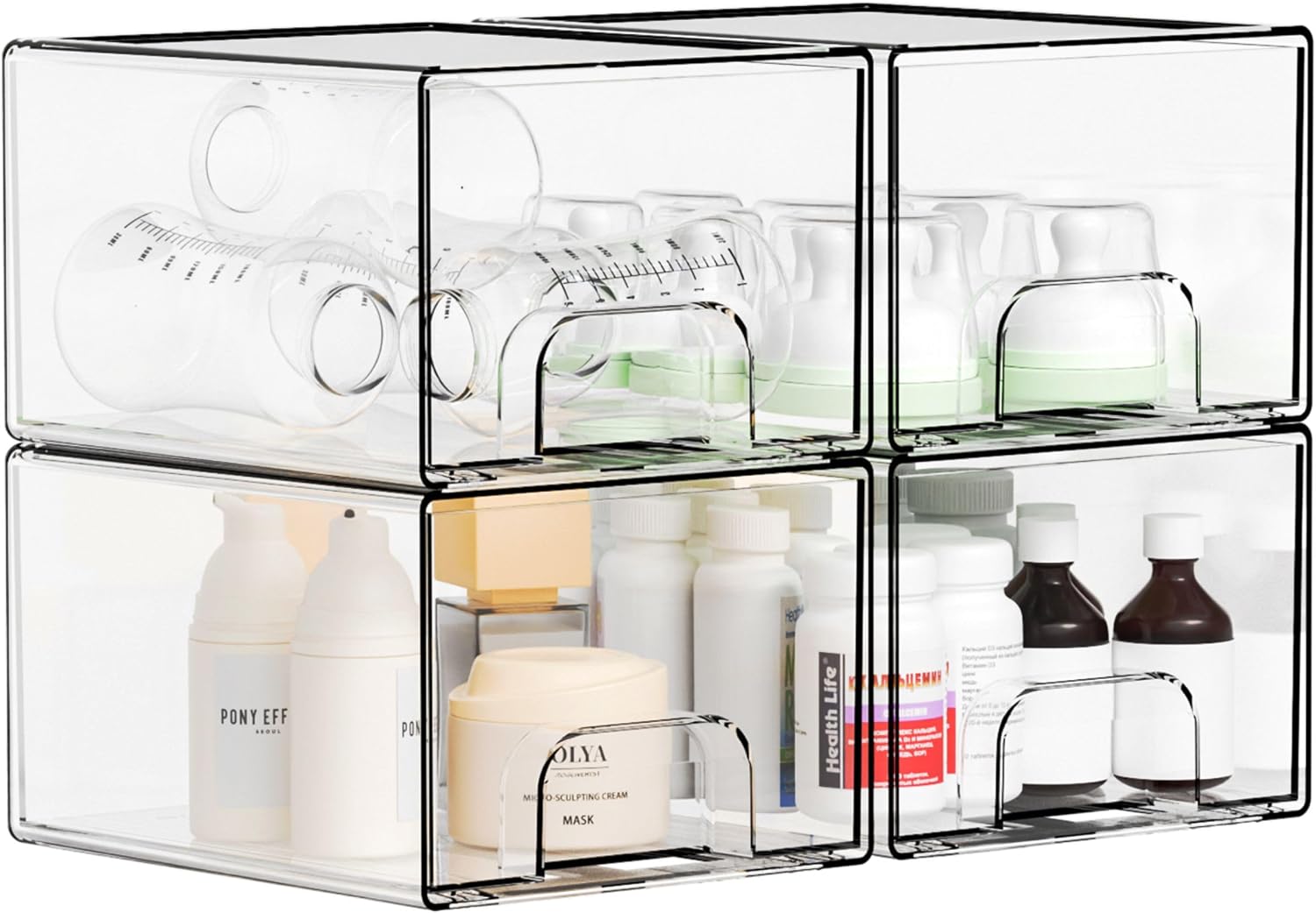 4.4" Tall Small Clear Acrylic Stackable Storage Drawers for Vanity,Under Sink,Bathroom Closet,Medicine Cabinet Organization and Plastic Storage Bins for Organizing Makeup,Baby Bottles,Pacifier,4 PCS