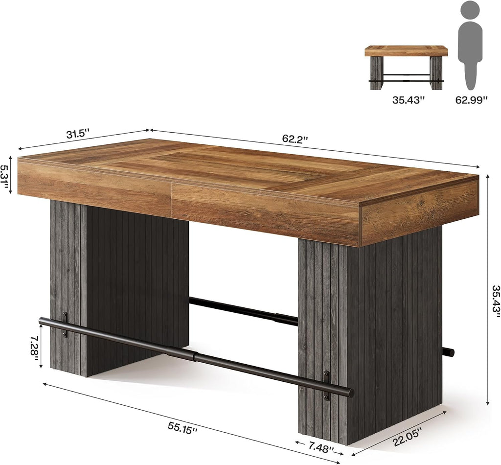 Tribesigns 63-Inch Counter Height Bar Table, Long Bar Table with Metal Footrest, Home Bistro Unit for Kitchen, Dining Room & Living Room, Rustic Brown and Black
