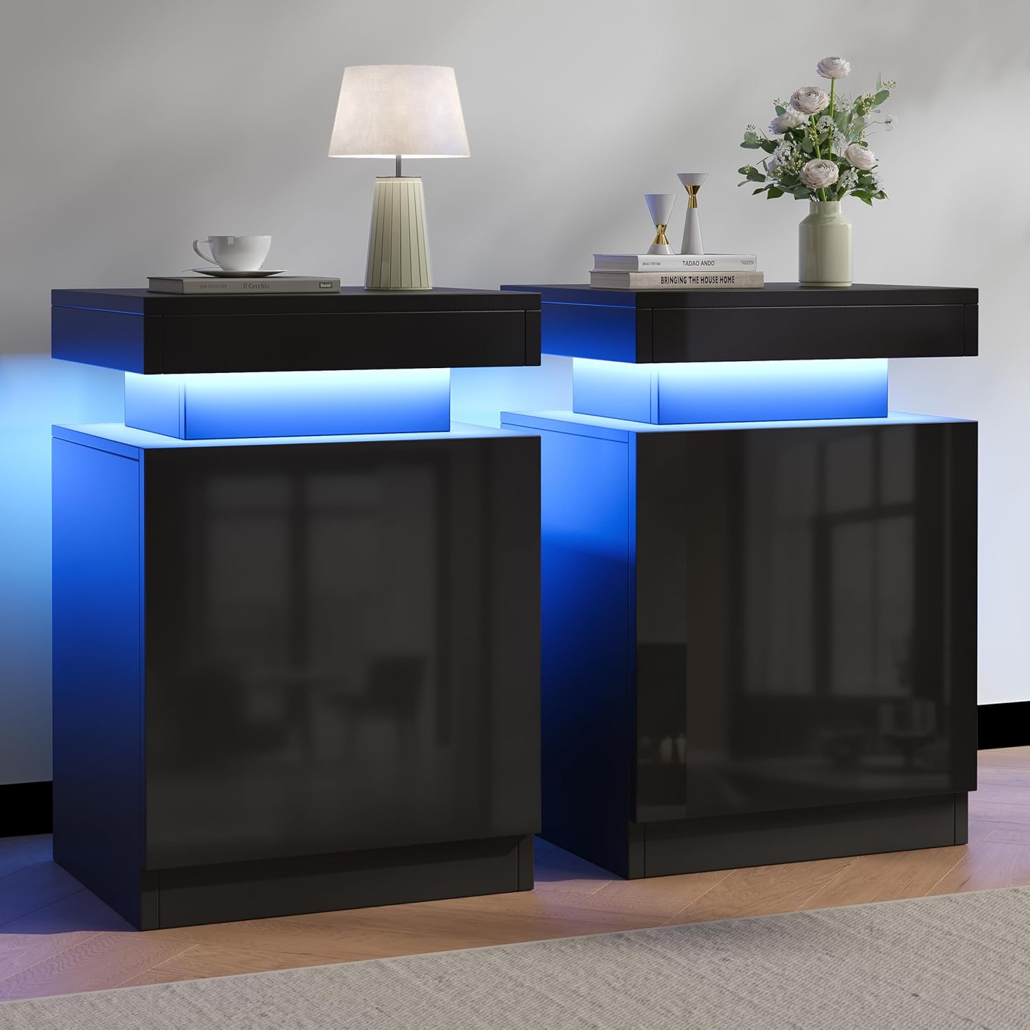 Nightstands Set 2, 15 Inches LED Night Stand Set of 2, Modern Bedside Table with LED Lights, High Gloss Surface, End Table with Storage for Bedroom, Black