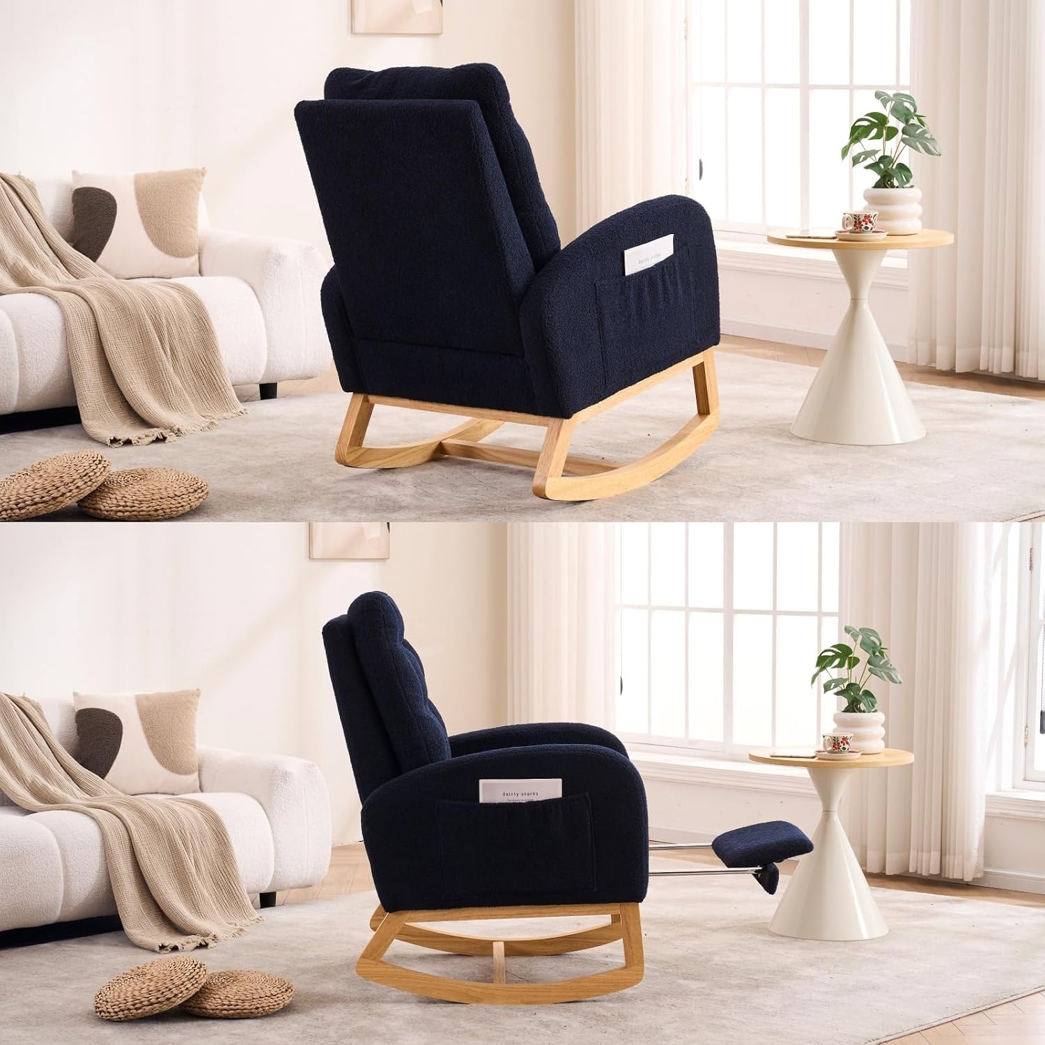 Nursery Rocking Chair with Retractable Footrest,Accent Rocker for Relaxing, Side Pocket,A+ Grade Rubber Wood,Suitable for Living Room,Bedroom and Balcony (Teddy Fleece, Navy Blue)