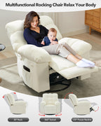 360° Swivel Rocking Recliner Chair, Upholstered Fabric Glider Nursery Chair with Side Pockets, Lazy Boy Single Sofa Recliner with Q235 Steel Frame for Living Room and Small Spaces, Beige