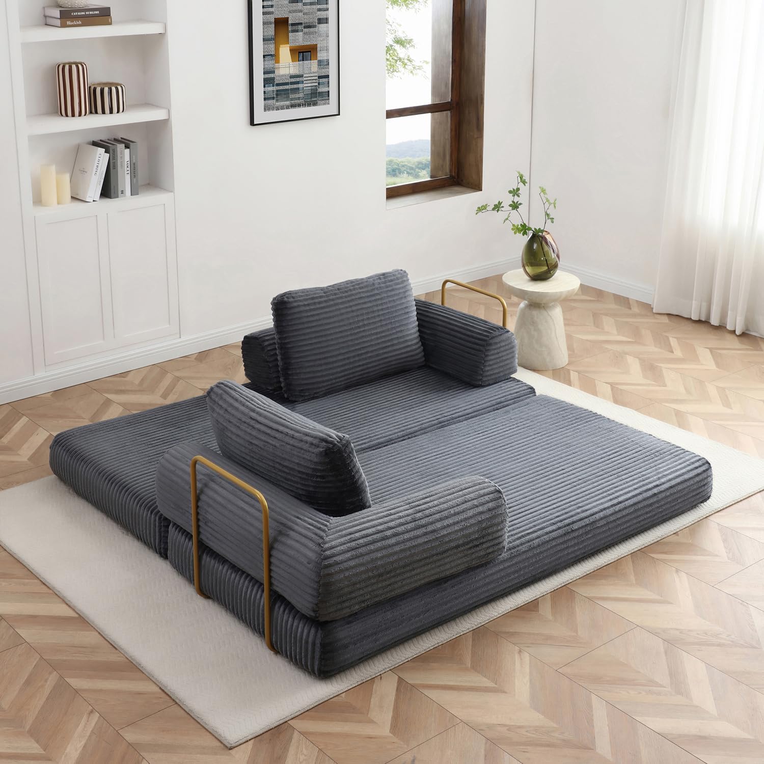 Convertible Folding Sofa Bed, Modern Futon Sleeper Sofa Fold Out Couch Bed with Gold Fixed Frame, Modular Floor Sofas Comfy Corduroy Boneless Couches for Living Room (80" Grey)