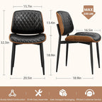 REONEY Dining Chairs Set of 2, Mid-Century Modern Upholstered PU Leather Chairs with Walnut Back and Metal Legs Adjustable Feet for Kitchen Dining Room, Black Diamond Plaid
