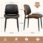 REONEY Dining Chairs Set of 2, Mid-Century Modern Upholstered PU Leather Chairs with Walnut Back and Metal Legs Adjustable Feet for Kitchen Dining Room, Black Diamond Plaid