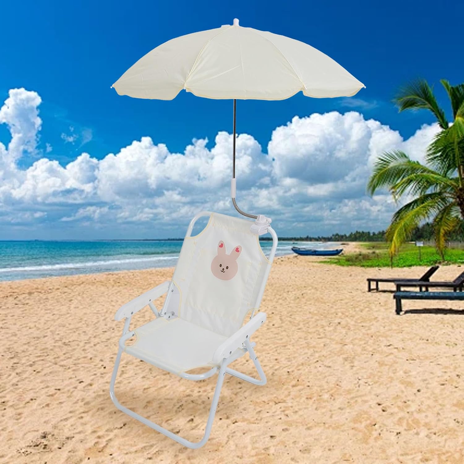 Kids Beach Chair with Umbrella Cute Cartoon Animal Print Foldable Portable Baby Camping Chair for Outdoor Activities (Rabbit)