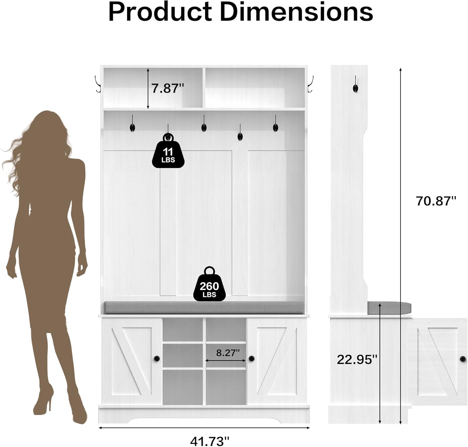 71" Hall Tree with Bench and Shoe Storage, Entryway Hall Tree with 2 Doors and 6 Adjustable Shelves, Cushioned Storage Bench with Coat Rack for Hallway, Living Room, Mudroom
