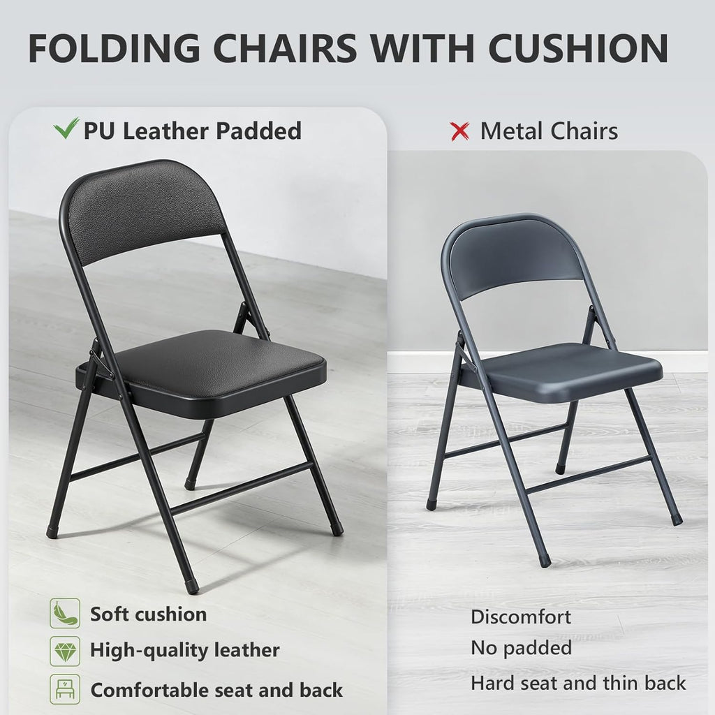 Folding Chair 4 Pack, Comfy PU Leather Padded Folding Chairs for Outside and Indoor, Heavy Duty Portable Foldable Metal Commercial Seat for Home Office, Dorm, Party, Backyard, Lawn, Patio